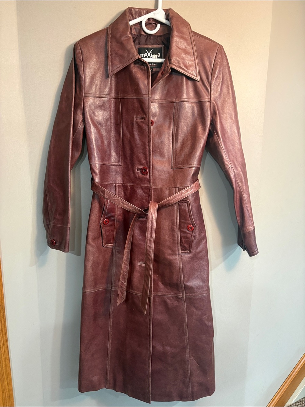 Vintage Maxima Burgundy Leather Trench Coat with Belted Waist